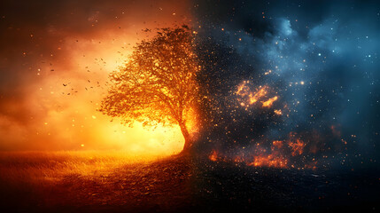 Fototapeta premium Fire and ice landscape; tree divides inferno, blizzard