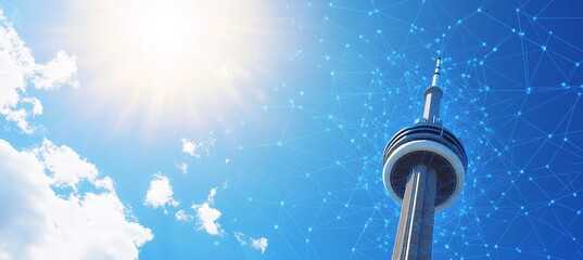 Modern Cityscape Iconic Tower with Digital Network Overlay, Illustrating Smart City Technology,