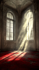Fototapeta premium A dimly lit, abandoned mansion interior with intricate architecture and faded red carpeting, illuminated by rays of sunlight streaming through broken windows, creating an eerie atmosphere. Artwork, 