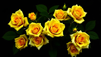 Fototapeta premium A stunning display of golden yellow roses, each bloom exuding warmth and elegance, nestled among dark green leaves, with the rich black background