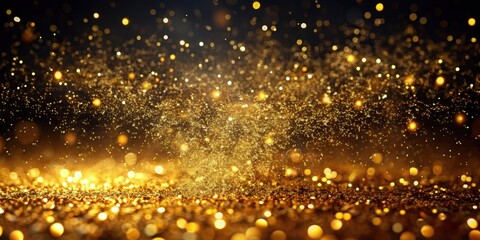 Glittering gold dust falls gently on a dark glitter background, creating a mesmerizing effect, richness, decadence