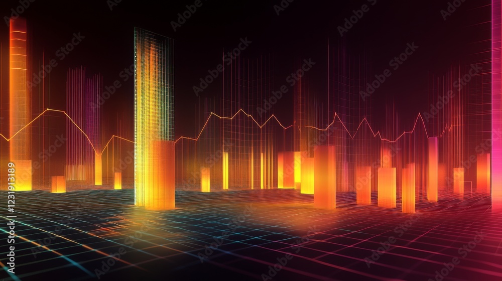 Leinwandbilder A D financial chart with rising columns and a glowing trendline, placed over a sleek digital grid with futuristic design elements