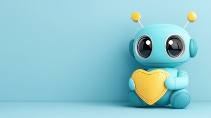 Obraz premium A cute blue robot with large eyes holds a yellow heart, set against a minimalist blue background.