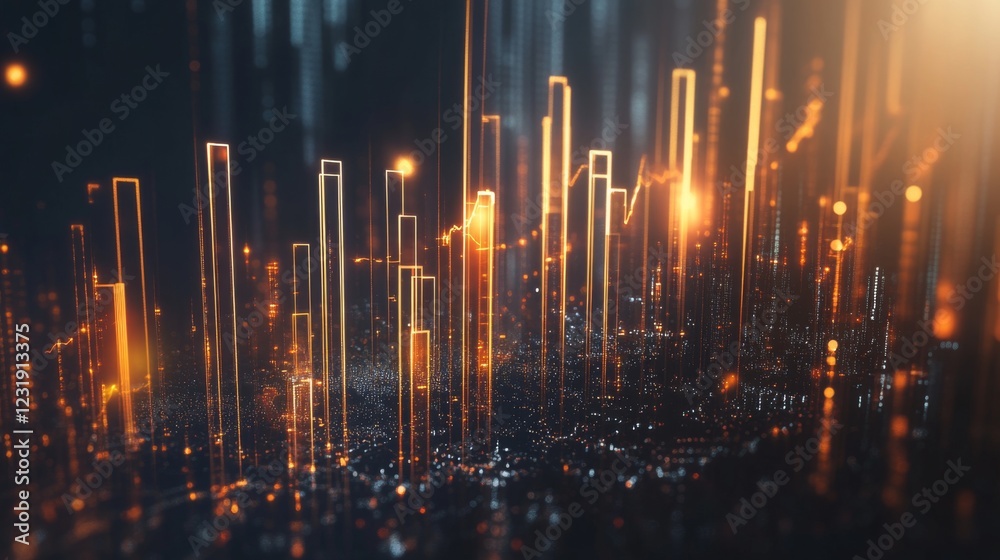 Poster A D financial graph with rising bars and an upward trending line chart, with metallic textures and subtle lighting effects, floating in digital space