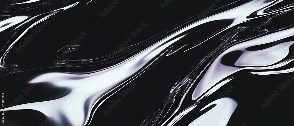 Poster reflections with mirrored images create abstract textures on dark background