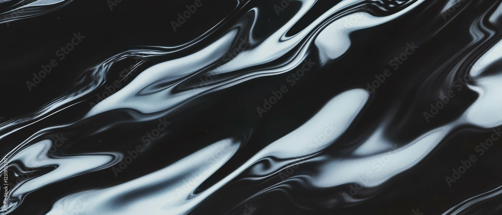 Poster mirrored reflections and distorted shapes create an abstract texture against a black background