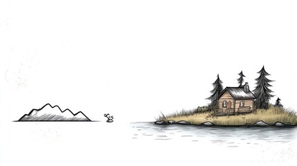 A small cabin nestled amongst tall trees on a small island with mountains in the distance.