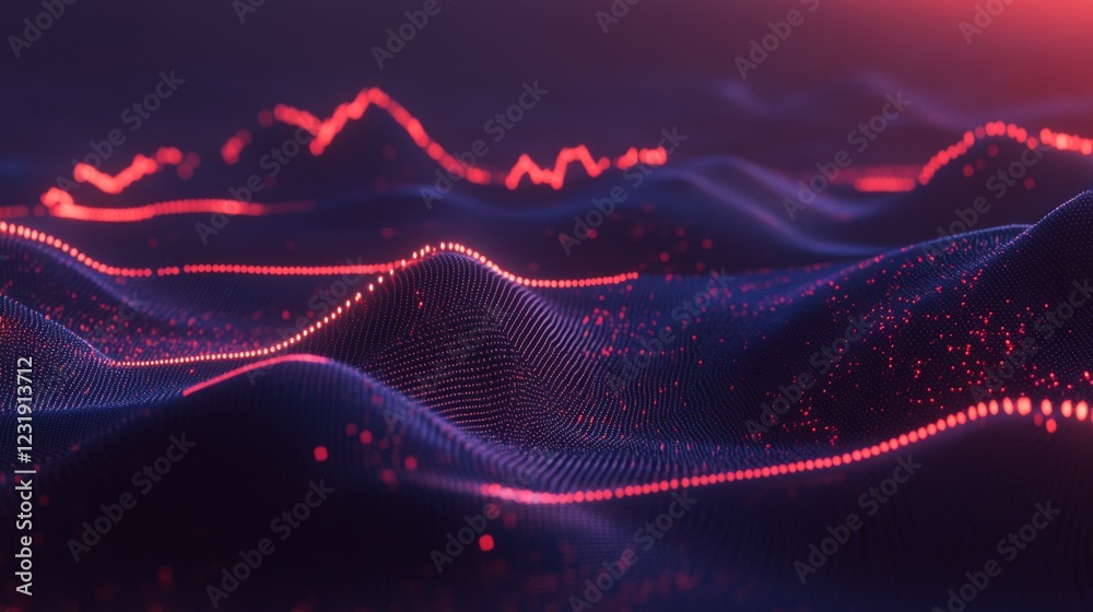 Aufkleber A D financial line graph with smooth, curving lines connecting glowing points, showing a steady upward trend against a dark digital landscape