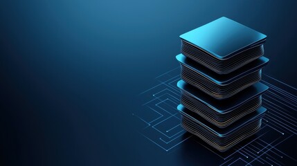 A sleek stack of microchips against a dark blue background, symbolizing advanced technology and computing power.