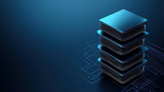 A sleek stack of microchips against a dark blue background, symbolizing advanced technology and computing power.