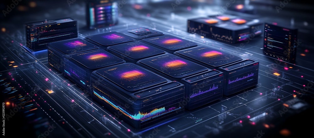 Poster array of futuristic data cubes displaying dynamic visualizations and processing information.