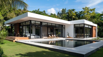 Modern Single-Storey House with Pool and Lush Green Surroundings