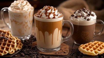 Latte coffee cup icon for cafe. Cappuccino drink set. Caramelmacchiato with cream in take away isolated design. Waffle dessert and cocoa beverage with straw asset for bakery or restaurant ui