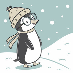 A penguin with a hat and glasses on his head