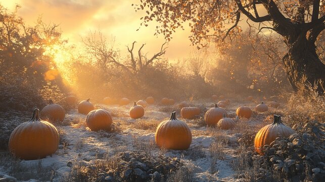 Frosty sunrise over pumpkin patch. Autumnal scene, ideal for fall harvest themes