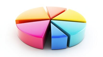 Obraz premium A close-up of a D pie chart with bright, contrasting colors, the segments separated slightly to highlight different data points, set on a white background.