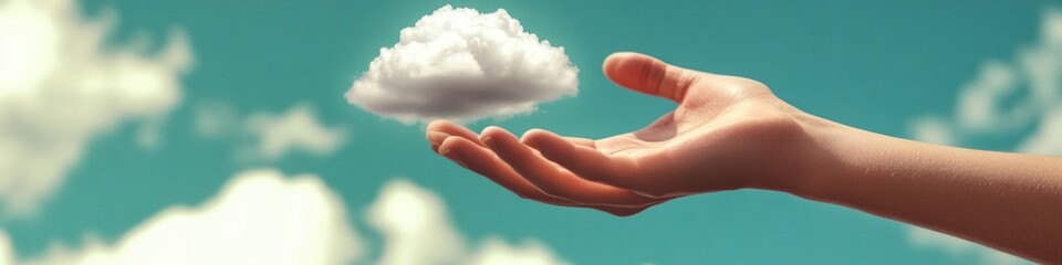 A person grasping a fluffy cloud in their hand, a whimsical and imaginative scene