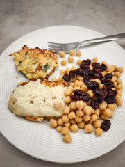 Potato pancakes served with chickpeas, raisins and cheese sauce, creating a flavorful and nutritious vegetarian meal healthy dinner for Galentines day