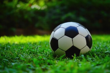 Fototapeta premium A soccer ball sitting on a lush green grass, ideal for sports or outdoor-themed images