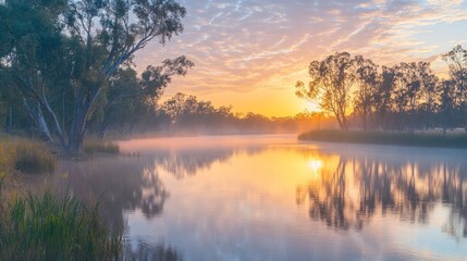 Golden Sunrise Reflects in Misty River with Silhouetted Trees and Cloudy Sky
