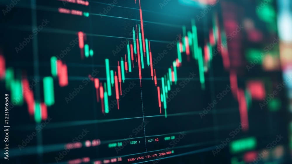 Fototapete a close-up of a computer screen showing a live stock market graph with green and red candlesticks, i