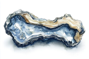 Watercolor painting of a large, blue and beige oyster shell.
