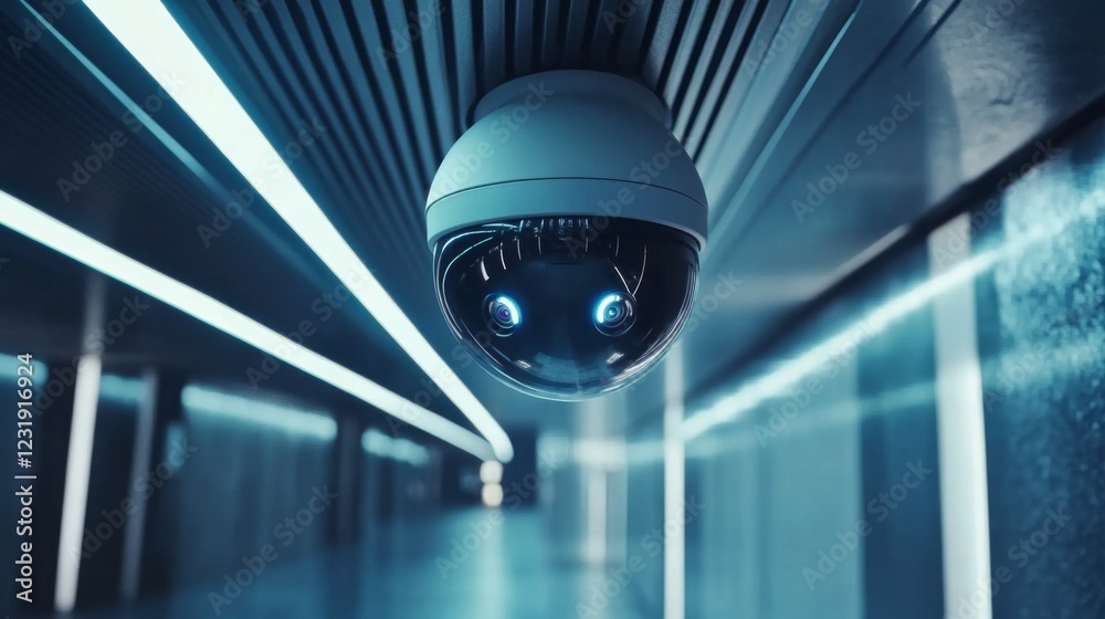 Poster a close-up of a dome-shaped security camera on a smooth metal ceiling inside a sleek, futuristic bui