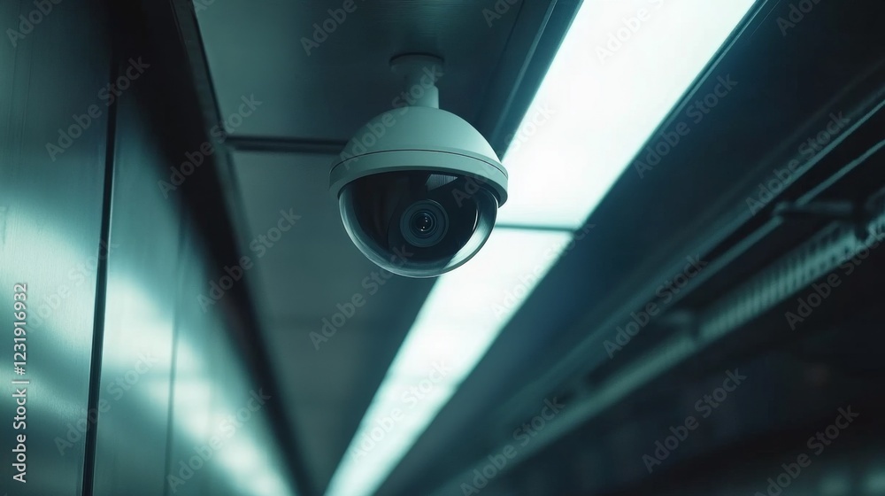 Poster a close-up of a dome-shaped security camera on a smooth metal ceiling inside a sleek, futuristic bui