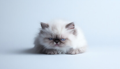 Fototapeta premium A photorealistic, high-resolution image of an angry Persian cat's face against a white background, taken in a studio setting. 