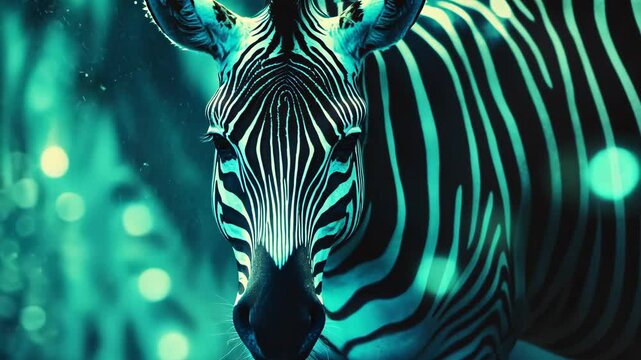 Zoo exhibit showcases a strikingly lit zebra in vibrant blue hues during a night visit, captivating visitors with its patterns
