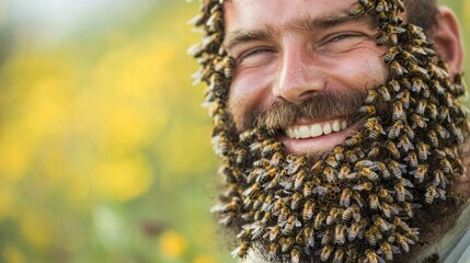 A joyful man with a beard adorned with bees smiles brightly, showcasing an extraordinary bond with nature