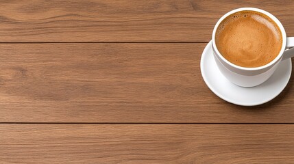 Obraz premium Coffee Cup on Wood: A single, inviting coffee cup rests atop a pristine white saucer, its rich, aromatic contents swirling against a backdrop of warm, natural wood grain.