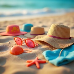 Vibrant Beach Essentials Detailed Collection on Sandy Shore