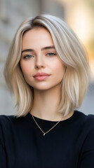 Fototapeta premium Stylish blonde woman with bright eyes posing gracefully in soft natural light