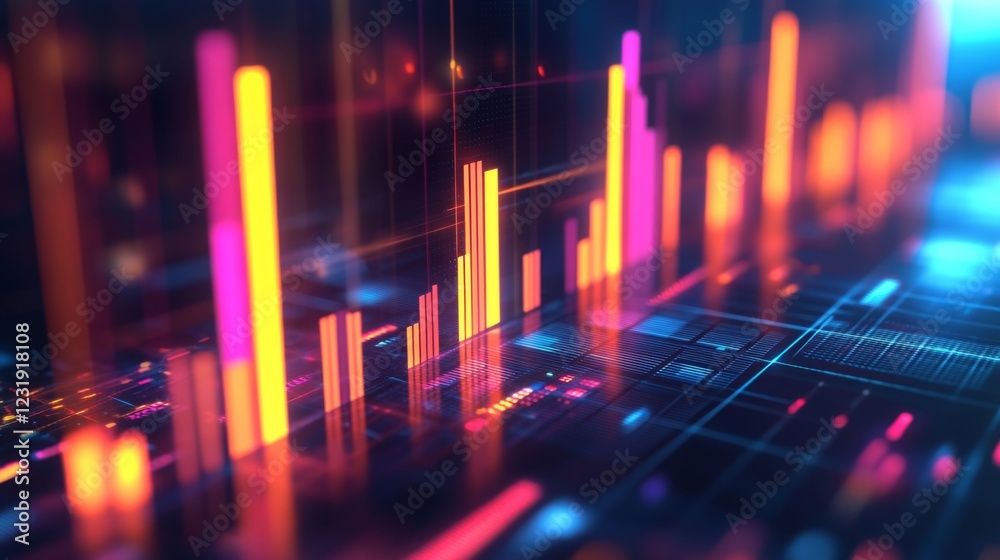 Leinwandbilder a close-up of a futuristic d bar graph with glowing neon bars, rising upward in a dynamic digital en