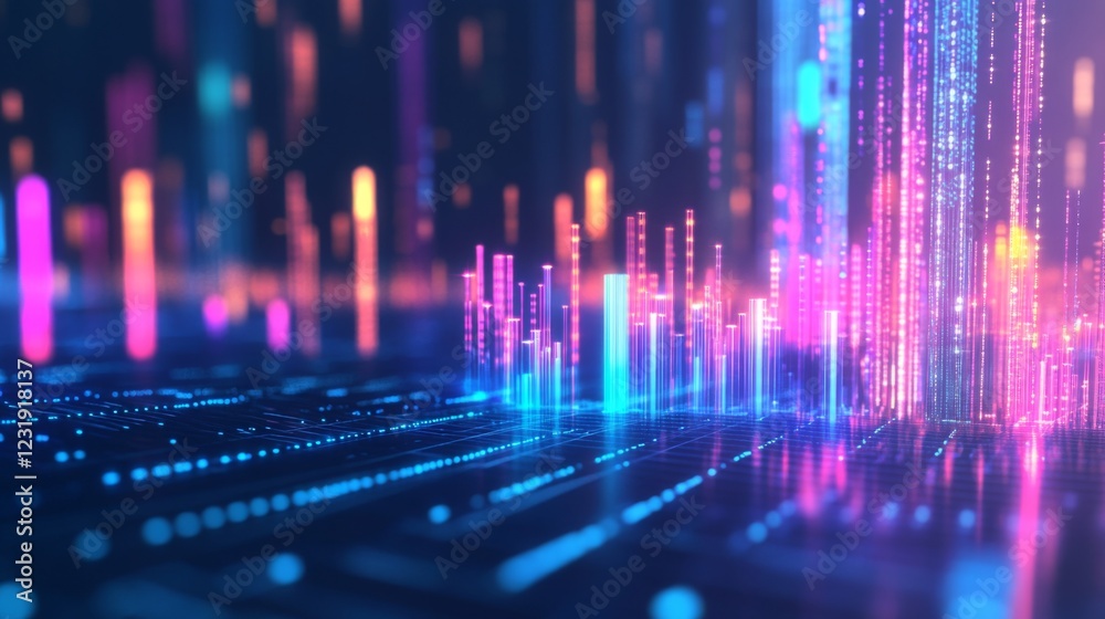 Leinwandbilder A close-up of a futuristic D bar graph with glowing neon bars, rising upward in a dynamic digital environment, symbolizing financial success and innovation.