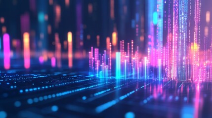 A close-up of a futuristic D bar graph with glowing neon bars, rising upward in a dynamic digital environment, symbolizing financial success and innovation.