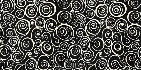 Abstract seamless pattern with swirls, repeat monochrome black and white background