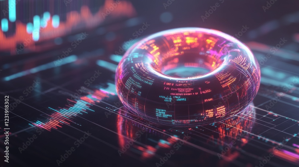 Poster a close-up of a futuristic d donut chart with segmented, glowing parts, floating above a digital gri