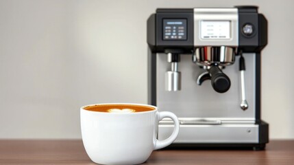 Espresso Machine and Cappuccino Cup on Wood Counter