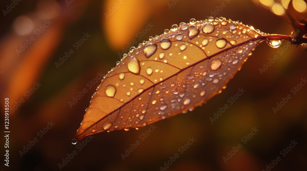 Poster A close-up of a leaf with dew drops captured in soft morning light, with the droplets reflecting the surrounding environment and adding depth to the image.