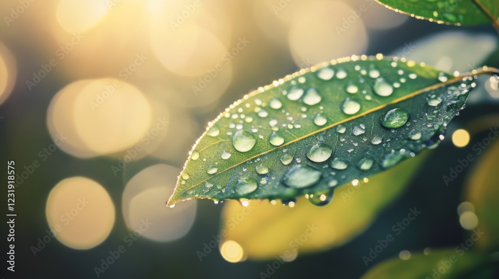 Aufkleber A close-up of a leaf with dew drops captured in soft morning light, with the droplets reflecting the surrounding environment and adding depth to the image.
