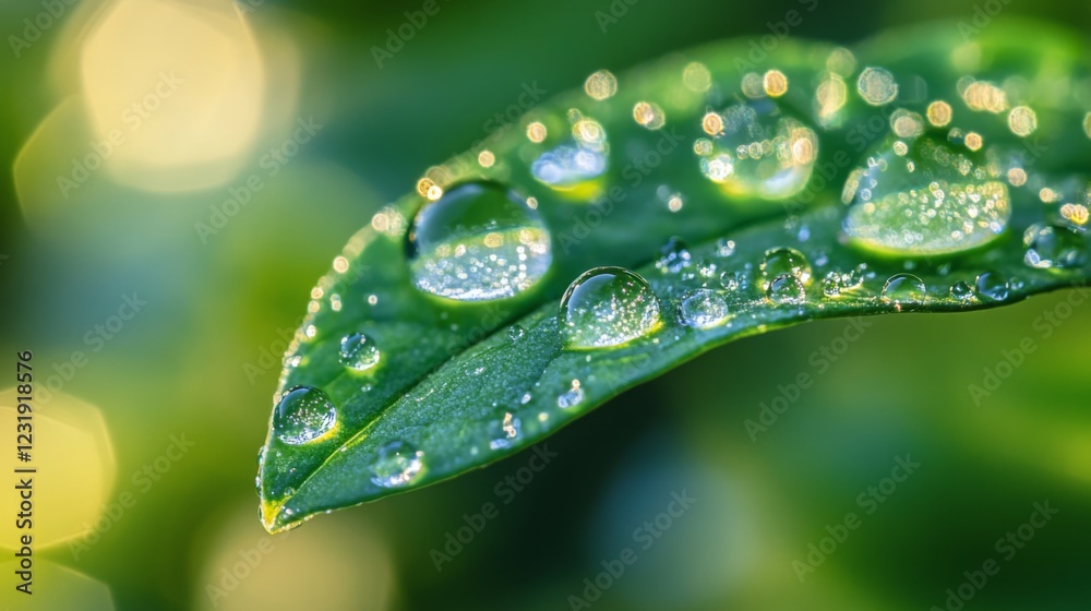 Poster A close-up of a leaf with dew drops captured in soft morning light, with the droplets reflecting the surrounding environment and adding depth to the image.