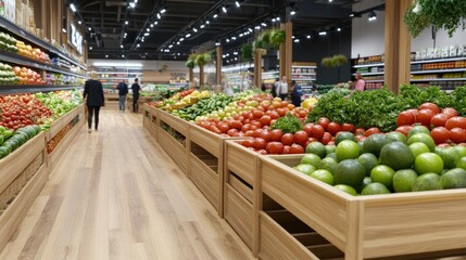 A lively market atmosphere unfolds within a contemporary grocery store, showcasing an abundance of fresh produce illuminated by daylight