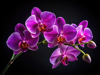 Obraz premium Elegant high-resolution orchid branch, dramatically set against a black background; premium stock image ideal for floral design.