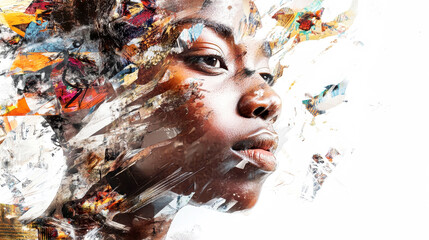 Vibrant portrait of an African woman adorned in street art celebrating culture and identity in a lively urban setting
