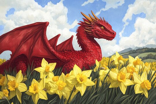st david's day celebration. vibrant red dragon among yellow daffodils under blue sky with fluffy clouds. welsh culture and traditional spring holiday. greeting card or poster design, illustration