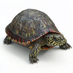 Obraz premium Eastern Box Turtle: Detailed shell markings, powerful legs, and alert gaze.