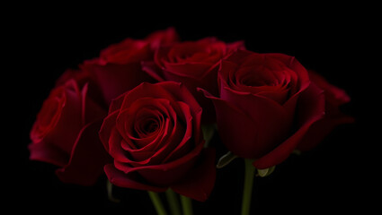 Fototapeta premium A sophisticated and romantic bouquet of red roses, tightly bundled together with silk ribbon, and placed against a clean black background 