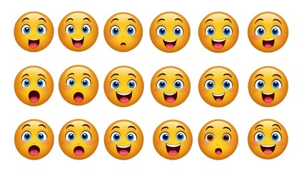 Fototapeta premium Collection of diverse emoticons showcasing a range of human expressions, from joyful smiles to surprised faces. Ideal for websites, apps, and social media.